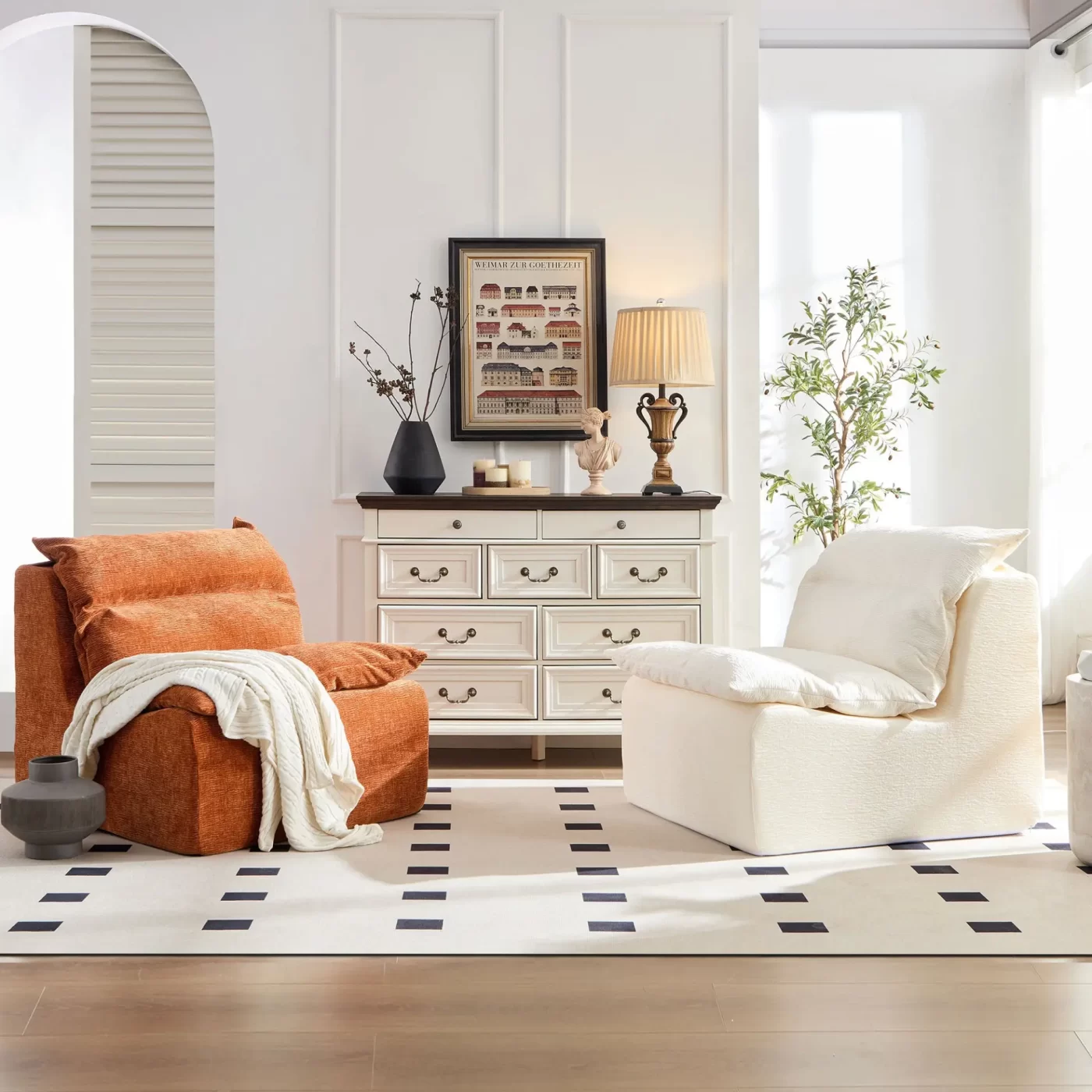 Accent Armless Chair Lazy Floor Seating, Leisure Accent Single Couch with Backrest Single Sofa Lounger for Living Room, Bedroom, Office, Single Seat, WHITE