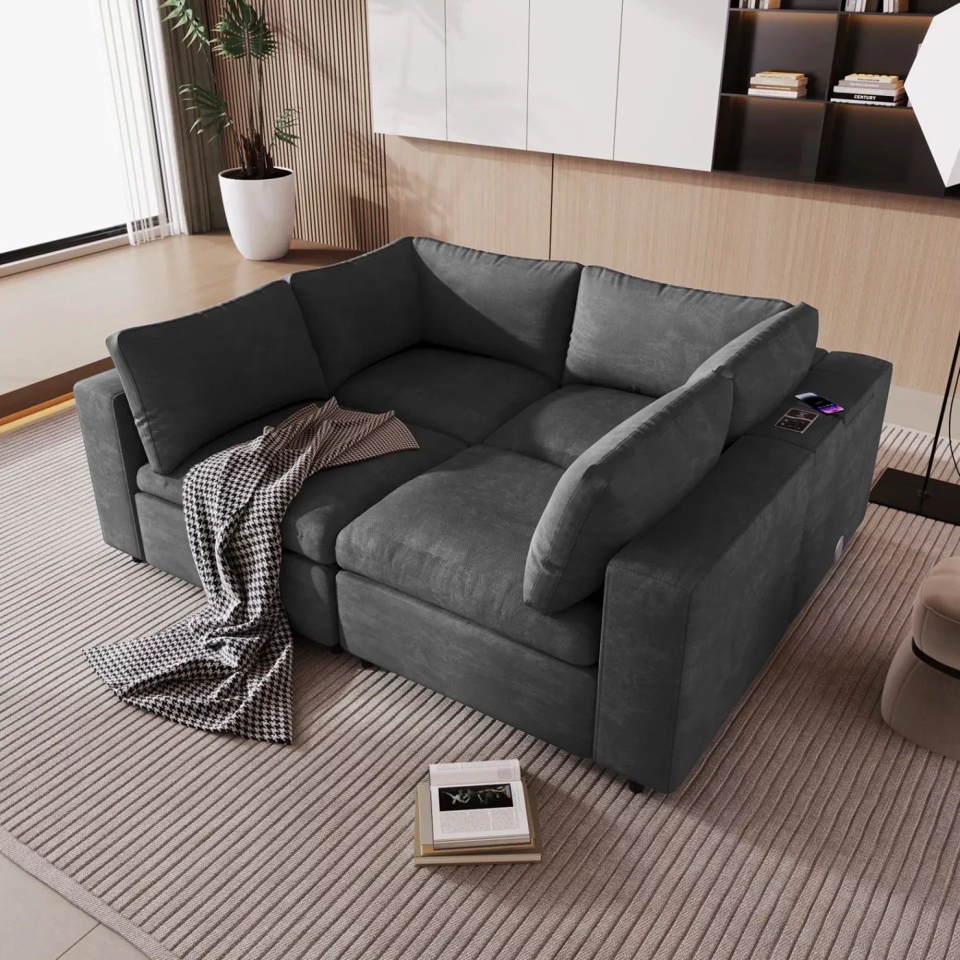 Upholstered Modular Sofa with with Storage Space, USB Charge Ports,Wireless Charging and Built-in Bluetooth Speaker in Arm,Sectional sofa for Living Room Apartment.[old sku:WY000317AAE]
