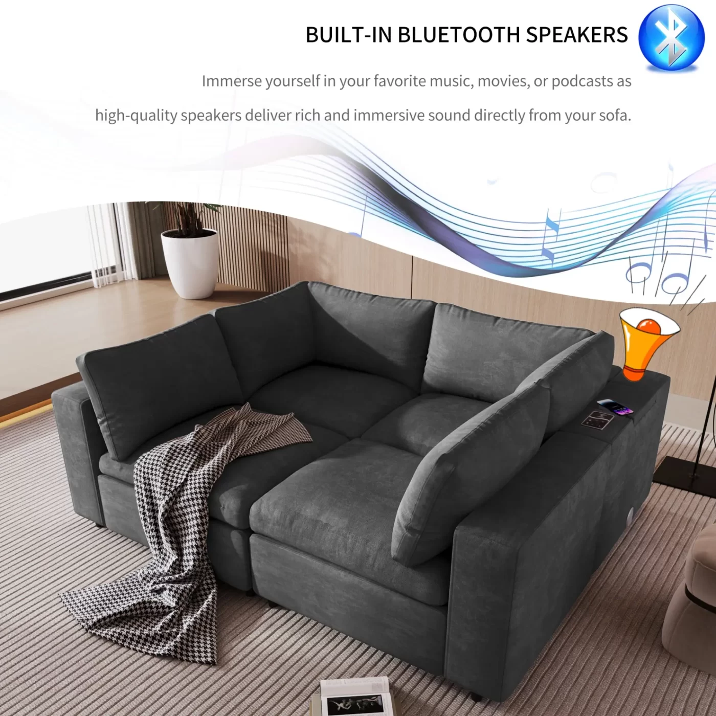 Upholstered Modular Sofa with with Storage Space, USB Charge Ports,Wireless Charging and Built-in Bluetooth Speaker in Arm,Sectional sofa for Living Room Apartment.[old sku:WY000317AAE]