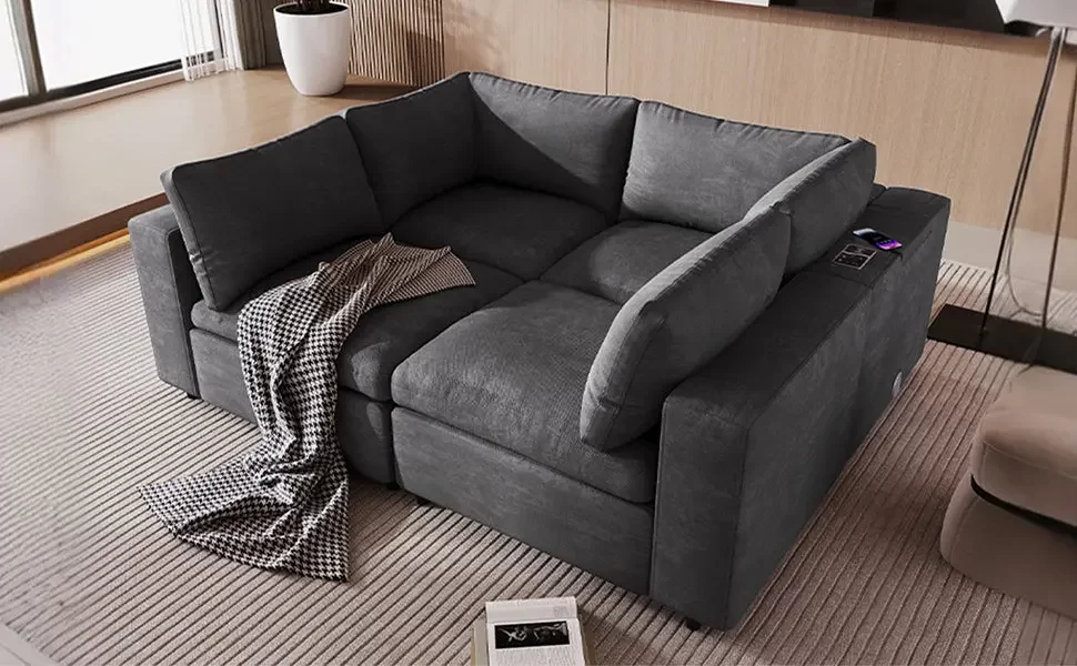 Upholstered Modular Sofa with with Storage Space, USB Charge Ports,Wireless Charging and Built-in Bluetooth Speaker in Arm,Sectional sofa for Living Room Apartment.[old sku:WY000317AAE]