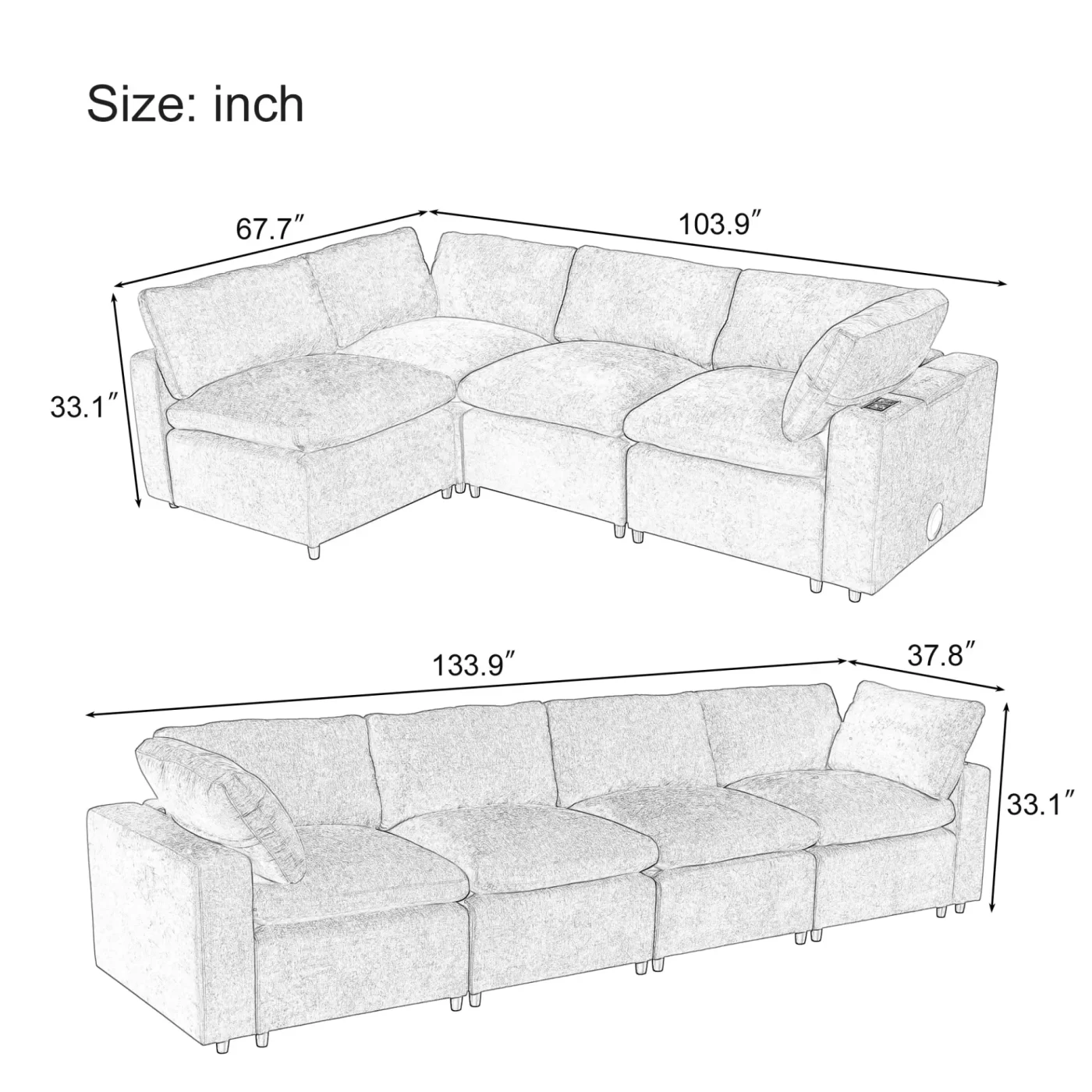 Upholstered Modular Sofa with with Storage Space, USB Charge Ports,Wireless Charging and Built-in Bluetooth Speaker in Arm,Sectional sofa for Living Room Apartment.[old sku:WY000317AAE]