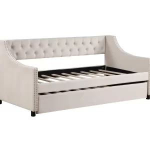 Daybed with Trundle Upholstered Tufted Sofa Bed, with Button and Copper Nail on Arms full Size Beige