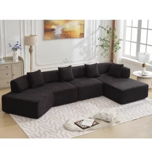 Modern Minimalist 140" L-Shape Couch ,No Assembly Required,Boucle,Modular Sofa ,Couch with Chaise,Free Combination Foam-Filled Sofa, 4 Seats,Black