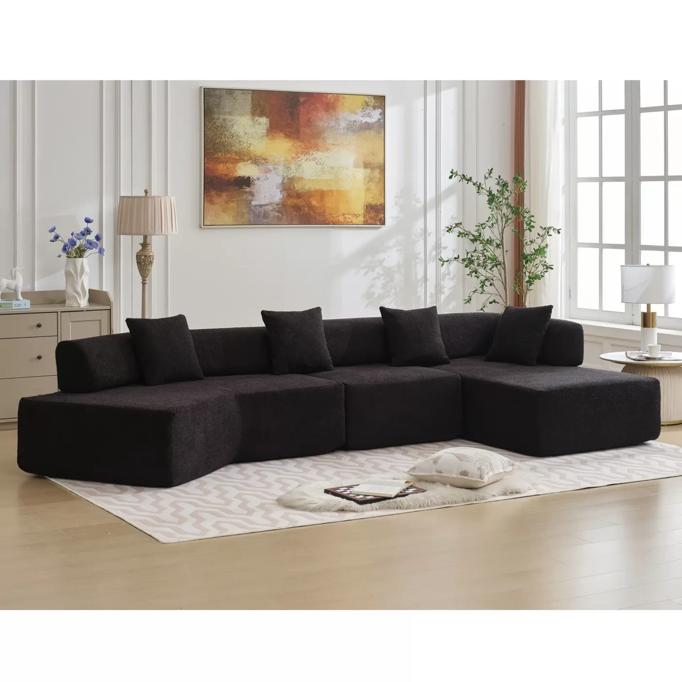 Modern Minimalist 140" L-Shape Couch ,No Assembly Required,Boucle,Modular Sofa ,Couch with Chaise,Free Combination Foam-Filled Sofa, 4 Seats,Black