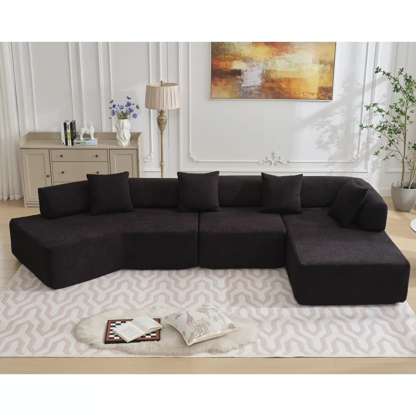 Modern Minimalist 140" L-Shape Couch ,No Assembly Required,Boucle,Modular Sofa ,Couch with Chaise,Free Combination Foam-Filled Sofa, 4 Seats,Black