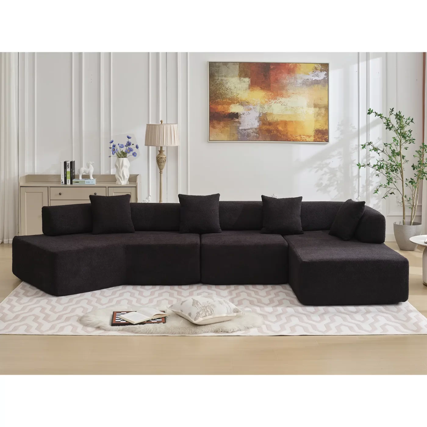 Modern Minimalist 140" L-Shape Couch ,No Assembly Required,Boucle,Modular Sofa ,Couch with Chaise,Free Combination Foam-Filled Sofa, 4 Seats,Black