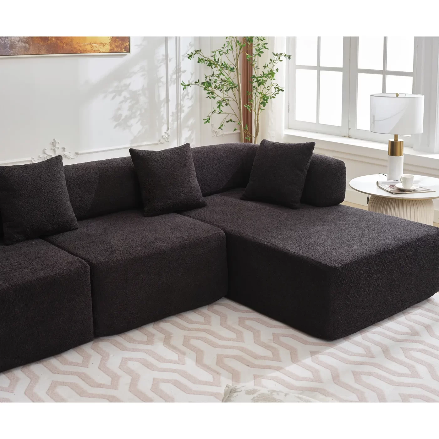 Modern Minimalist 140" L-Shape Couch ,No Assembly Required,Boucle,Modular Sofa ,Couch with Chaise,Free Combination Foam-Filled Sofa, 4 Seats,Black