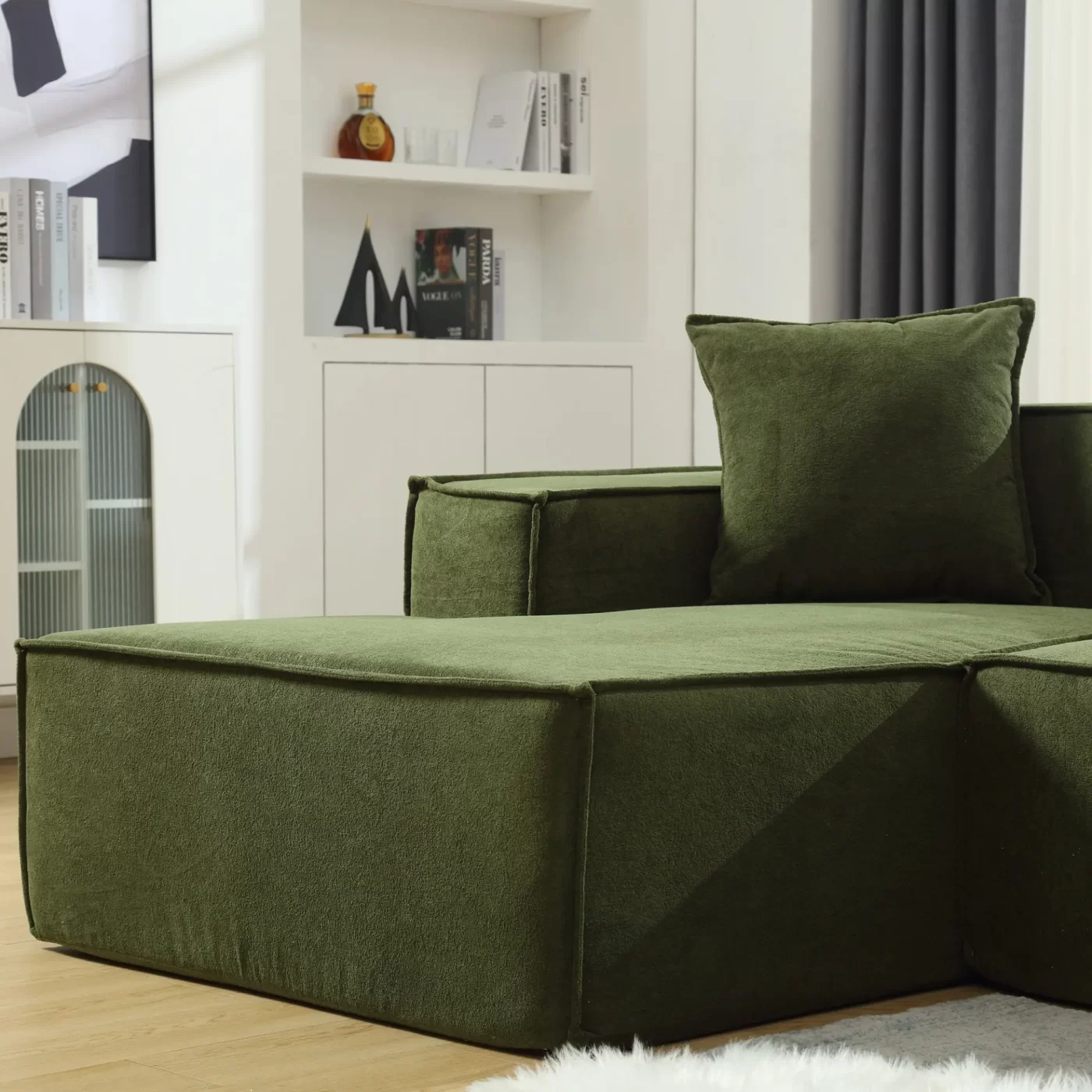 Modular combination living room sofa set, modern minimalist sofa, free installation sofa, L-shaped, Italian minimalist tofu block sofa, Left-Hand Facing,Terrycloth fabric ,Green