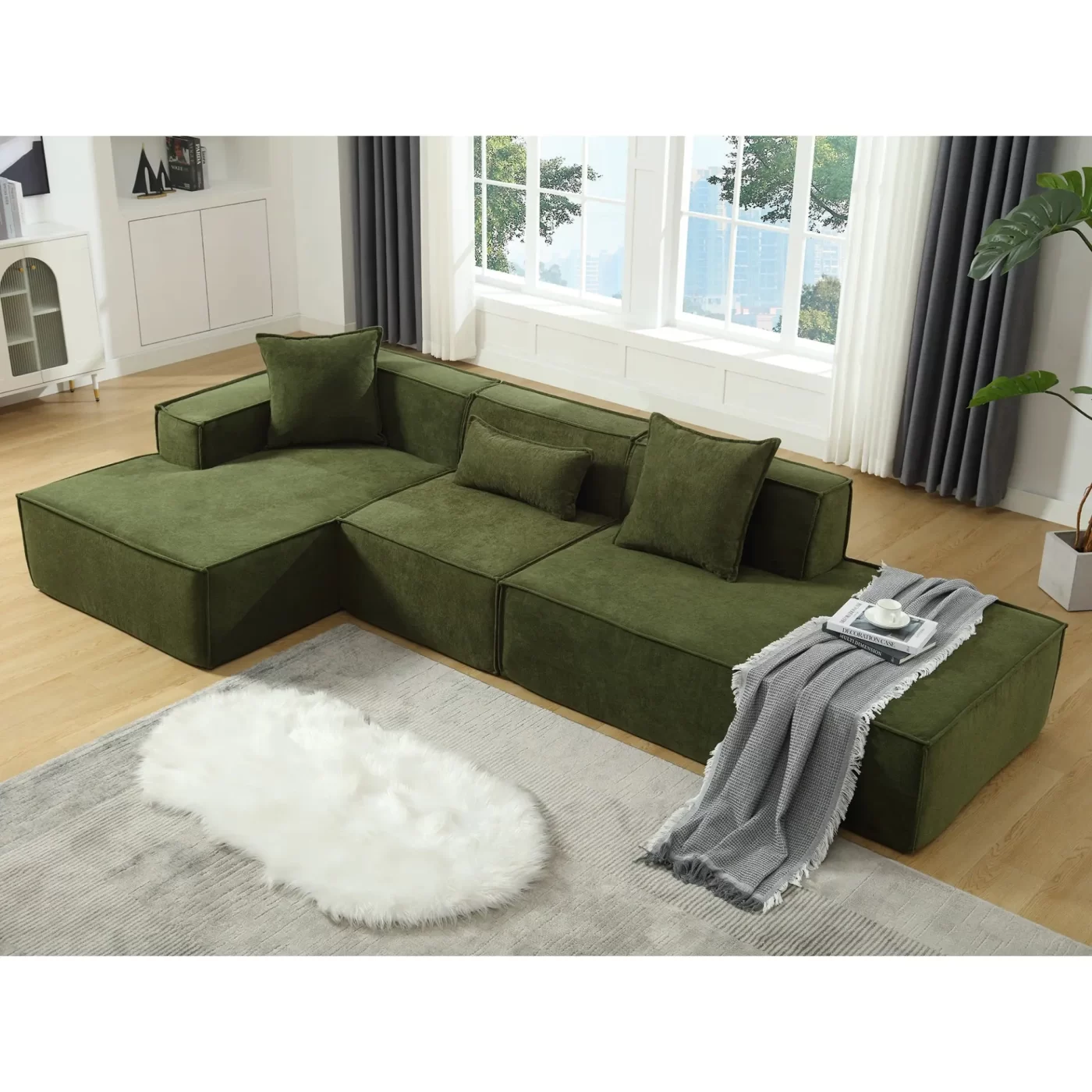 Modular combination living room sofa set, modern minimalist sofa, free installation sofa, L-shaped, Italian minimalist tofu block sofa, Left-Hand Facing,Terrycloth fabric ,Green
