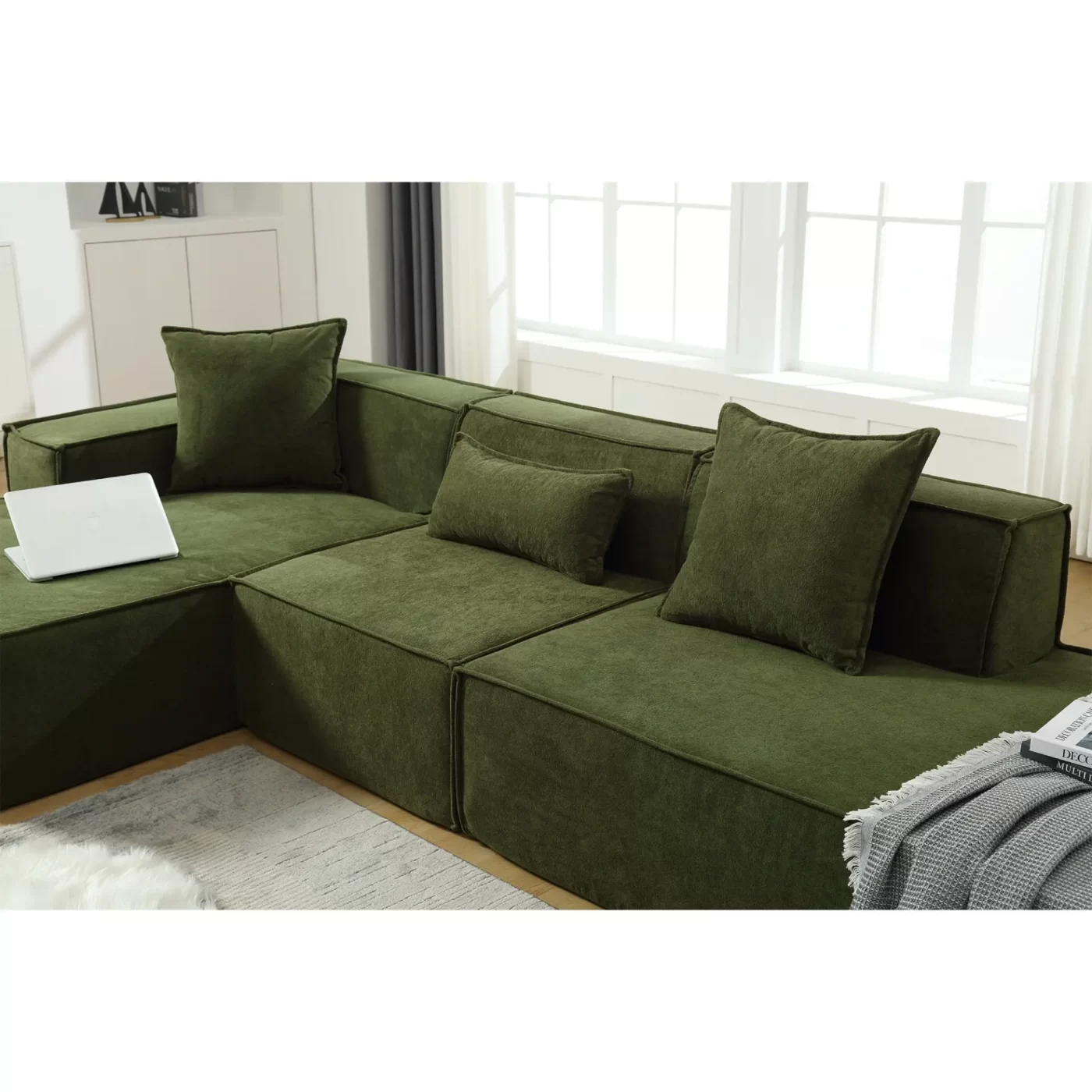 Modular combination living room sofa set, modern minimalist sofa, free installation sofa, L-shaped, Italian minimalist tofu block sofa, Left-Hand Facing,Terrycloth fabric ,Green