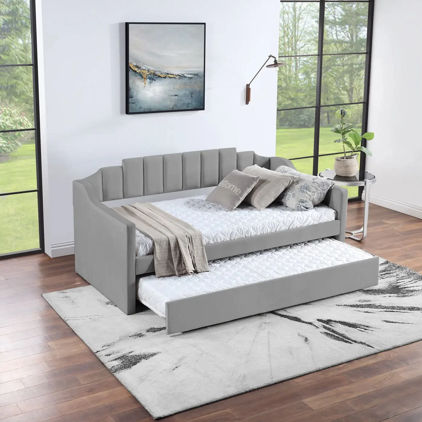 Velvet Daybed with Trundle Upholstered Tufted Sofa Bed, both Twin Size, Grey