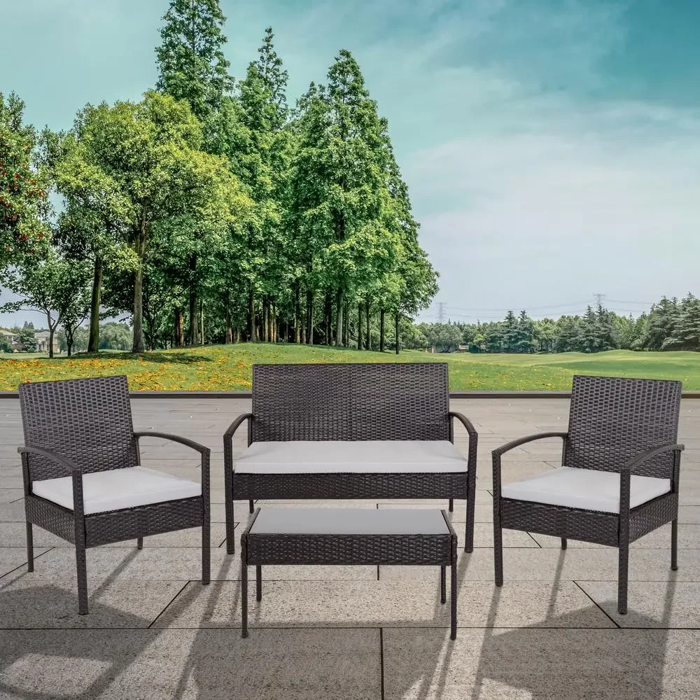 4 Piece Black Patio Set with Steel Frame and Gray Cushions