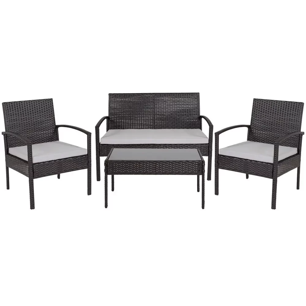 4 Piece Black Patio Set with Steel Frame and Gray Cushions