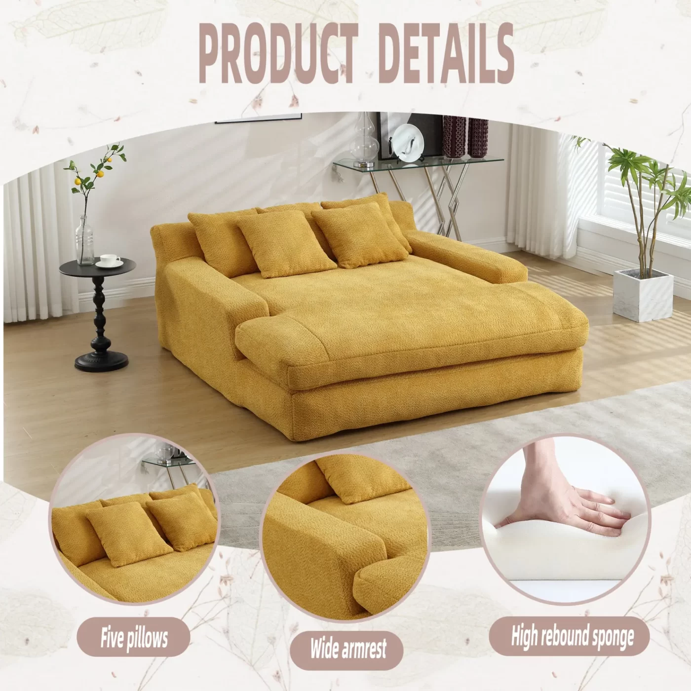 Chenille 2-seater lazy sofa With 5 back pillows,Comfy Sofa- Deep Seat Couch for Living Room,Club (Mustard yellow)