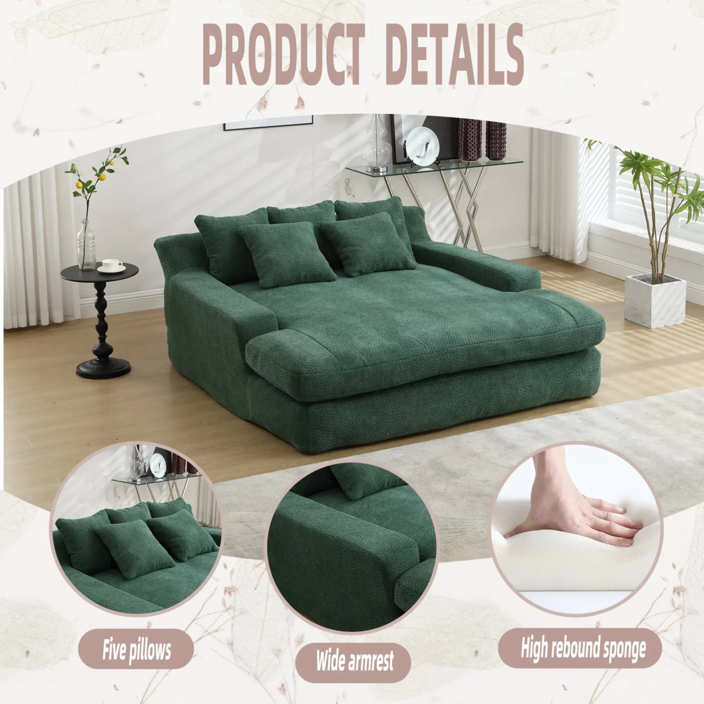 Chenille 2-seater lazy sofa With 5 back pillows,Comfy Sofa- Deep Seat Couch for Living Room,Club (Emerald)