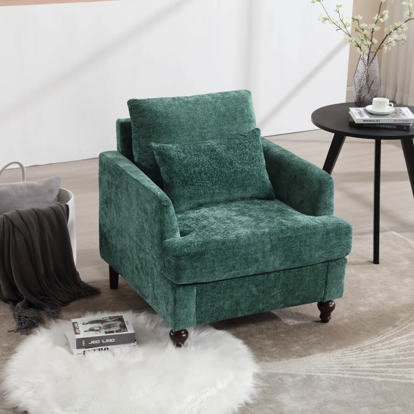 Wood Frame Armchair, Modern Accent Chair Lounge Chair for Living Room,Tufted Club Chair, Mid Century Modern Arm Chairs with Studded, Solid Wood Frame, for Bedroom, Reading (Emerald Chenille)
