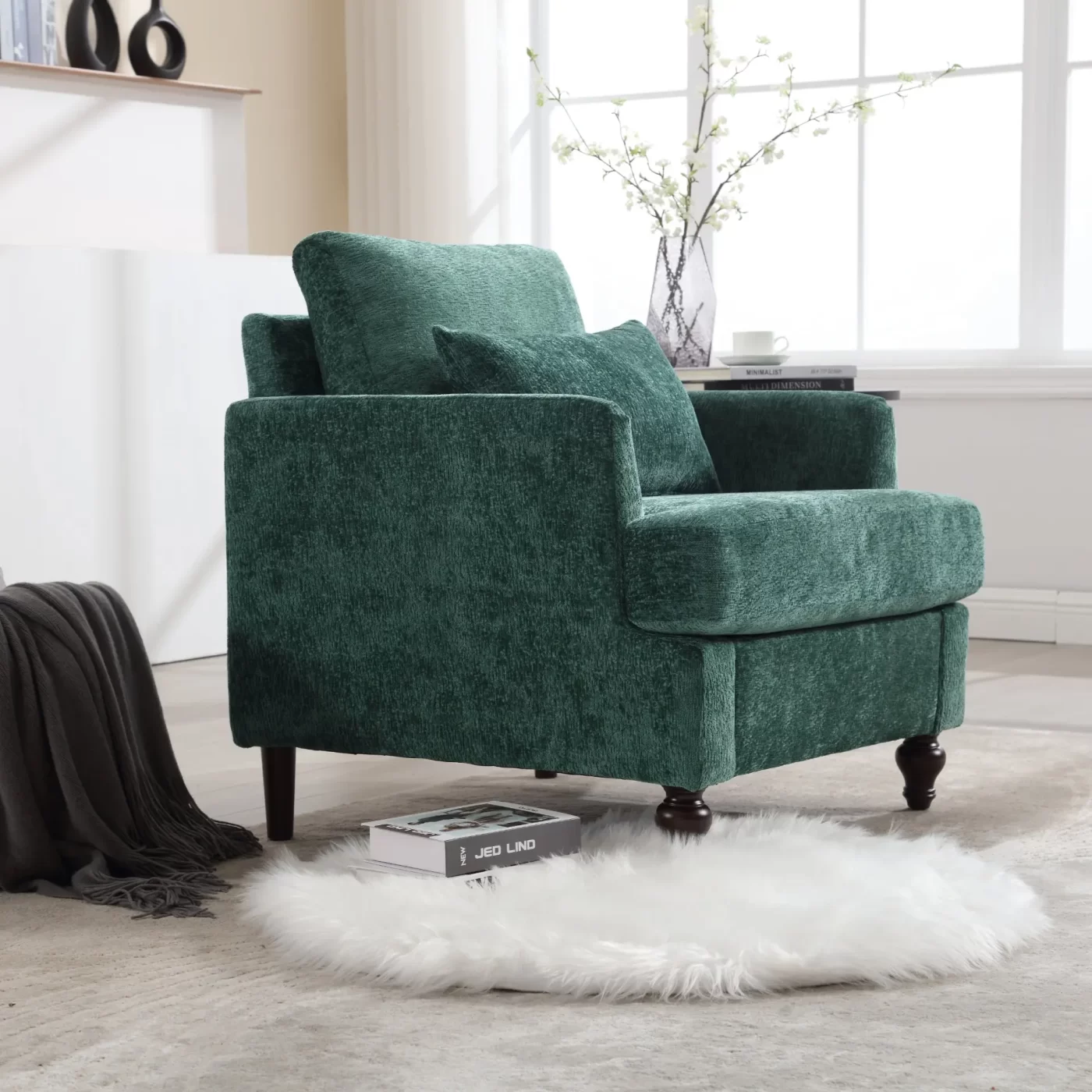Wood Frame Armchair, Modern Accent Chair Lounge Chair for Living Room,Tufted Club Chair, Mid Century Modern Arm Chairs with Studded, Solid Wood Frame, for Bedroom, Reading (Emerald Chenille)