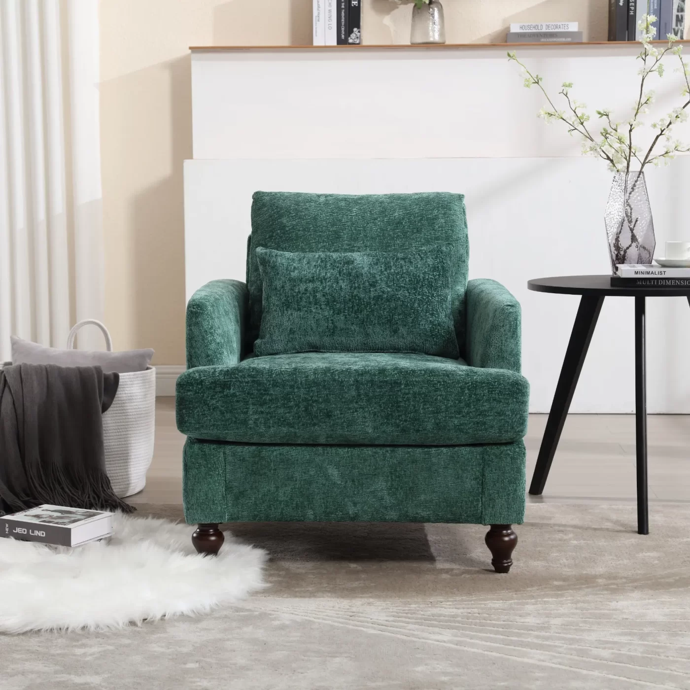 Wood Frame Armchair, Modern Accent Chair Lounge Chair for Living Room,Tufted Club Chair, Mid Century Modern Arm Chairs with Studded, Solid Wood Frame, for Bedroom, Reading (Emerald Chenille)