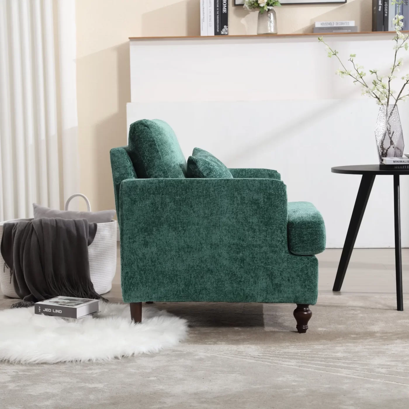 Wood Frame Armchair, Modern Accent Chair Lounge Chair for Living Room,Tufted Club Chair, Mid Century Modern Arm Chairs with Studded, Solid Wood Frame, for Bedroom, Reading (Emerald Chenille)