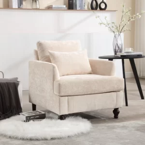 Wood Frame Armchair, Modern Accent Chair Lounge Chair for Living Room,Tufted Club Chair, Mid Century Modern Arm Chairs with Studded, Solid Wood Frame, for Bedroom, Reading(Beige Chenille)