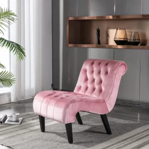 Modern Velvet Armless Accent Living Room Chair / Leisure Chair,Upholstered Fabric Button Comfortable Chair with Wooden Legs for Bedroom, Living Room, Office (Pink Velvet)