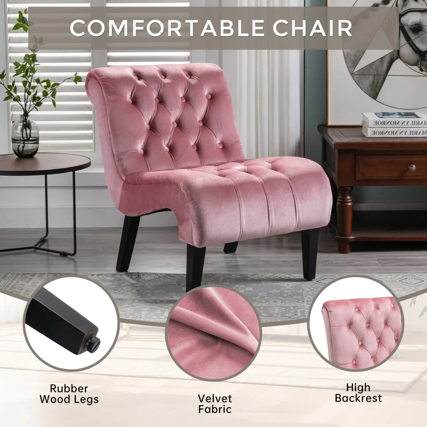 Modern Velvet Armless Accent Living Room Chair / Leisure Chair,Upholstered Fabric Button Comfortable Chair with Wooden Legs for Bedroom, Living Room, Office (Pink Velvet)