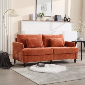 Mid Century Modern chenille Fabric Loveseat sofa, 2-Seat Upholstered Loveseat Sofa Modern Couch for Living Room,Brown wood feet sofa for Bedroom, Reading (Orange Chenille)