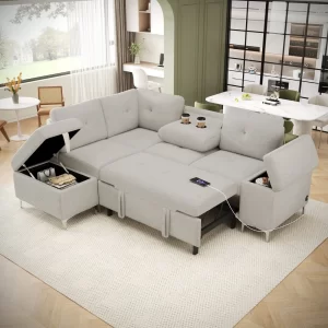 88.2' L-shaped Sofa Couch Upholstered Sofa Versatile Sofa Bed with Ample Storage Space, Two Cup Holders and Two USB Ports for Living Room, Beige