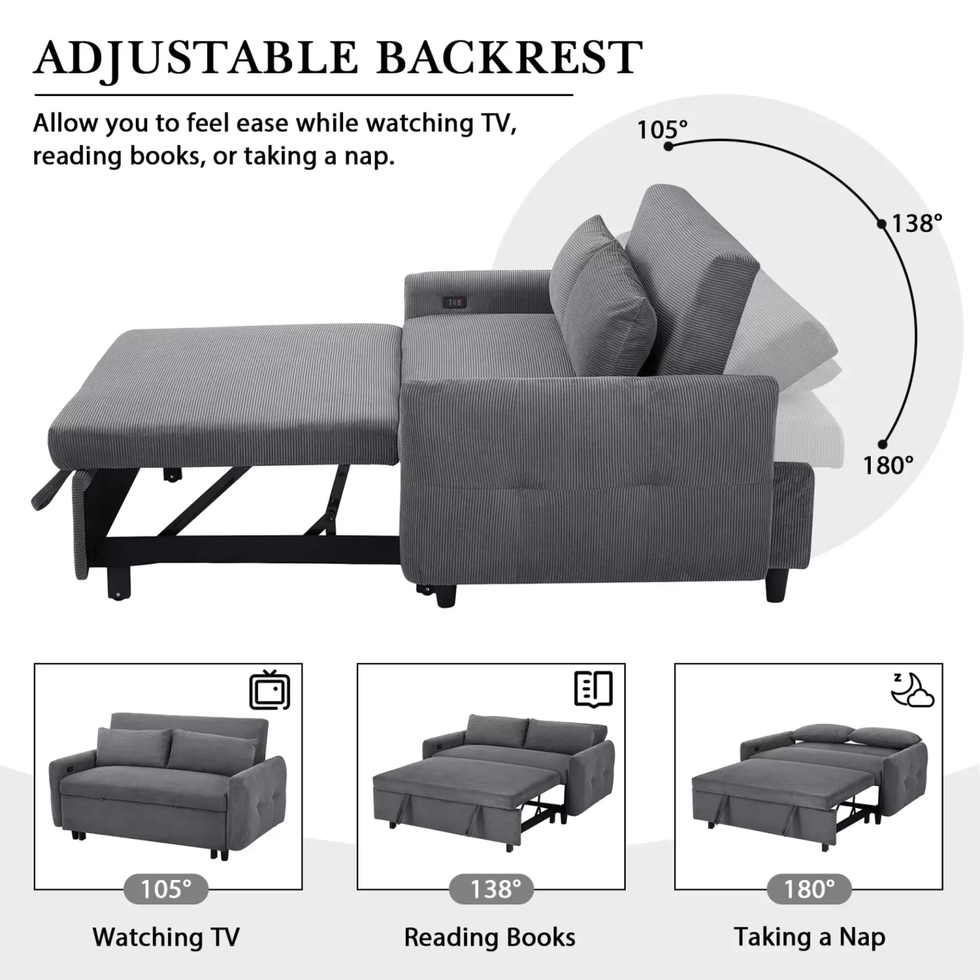 57.48' Pull-out Sofa Bed Convertible Couch 2 Seat Loveseat Sofa Modern Sleeper Sofa with Two Throw Pillows and USB Ports for Living Room, Dark Grey(Old Sku:WF317760AAR)