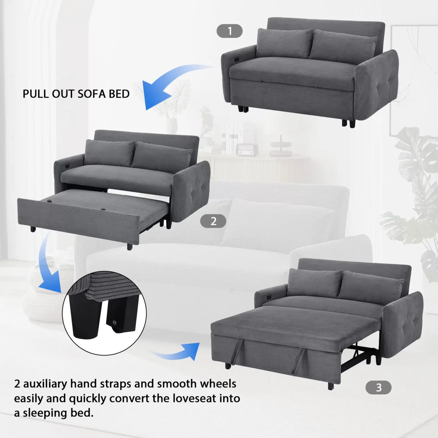 57.48' Pull-out Sofa Bed Convertible Couch 2 Seat Loveseat Sofa Modern Sleeper Sofa with Two Throw Pillows and USB Ports for Living Room, Dark Grey(Old Sku:WF317760AAR)