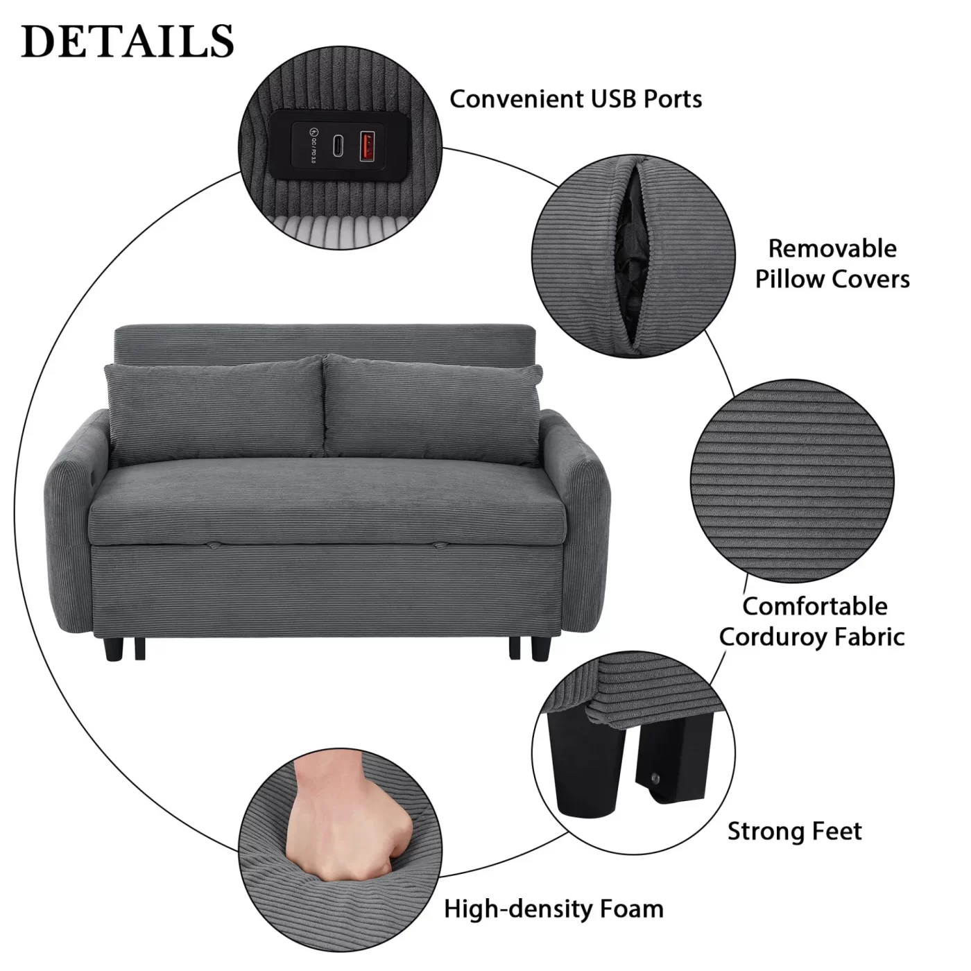 57.48' Pull-out Sofa Bed Convertible Couch 2 Seat Loveseat Sofa Modern Sleeper Sofa with Two Throw Pillows and USB Ports for Living Room, Dark Grey(Old Sku:WF317760AAR)