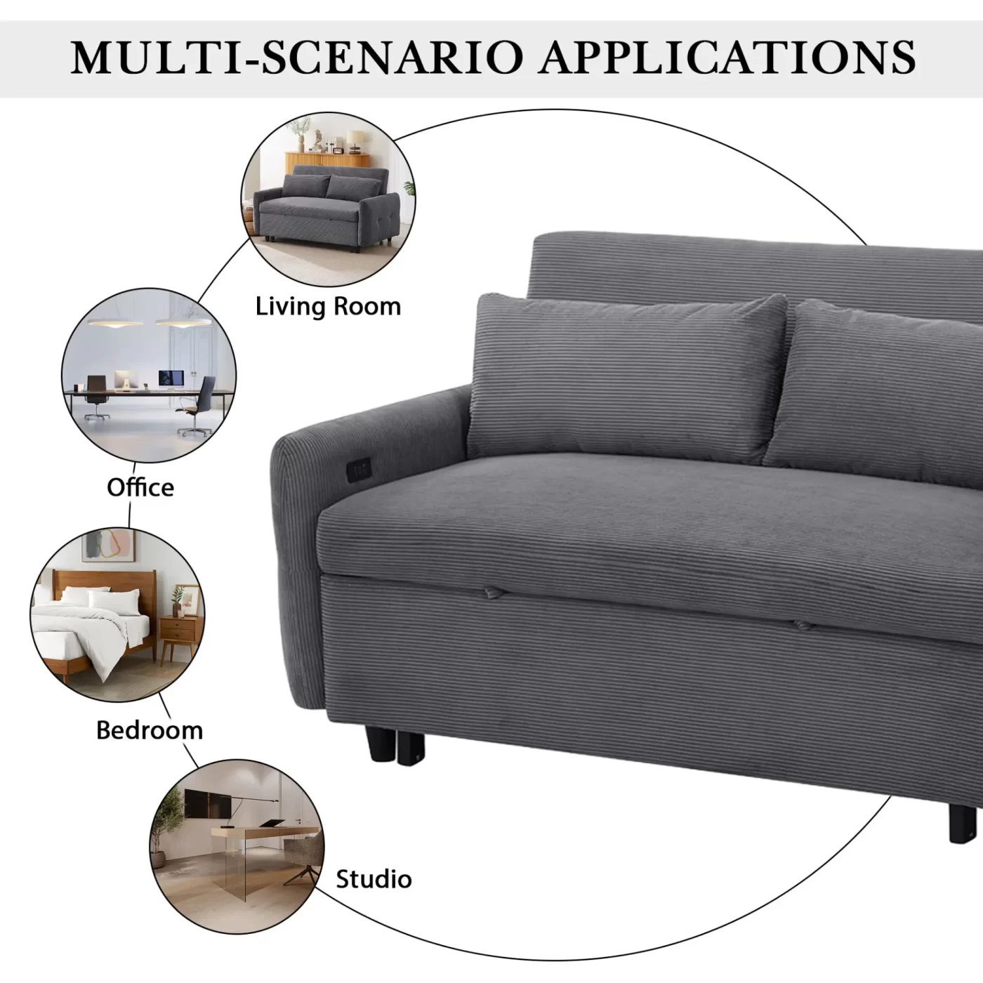 57.48' Pull-out Sofa Bed Convertible Couch 2 Seat Loveseat Sofa Modern Sleeper Sofa with Two Throw Pillows and USB Ports for Living Room, Dark Grey(Old Sku:WF317760AAR)