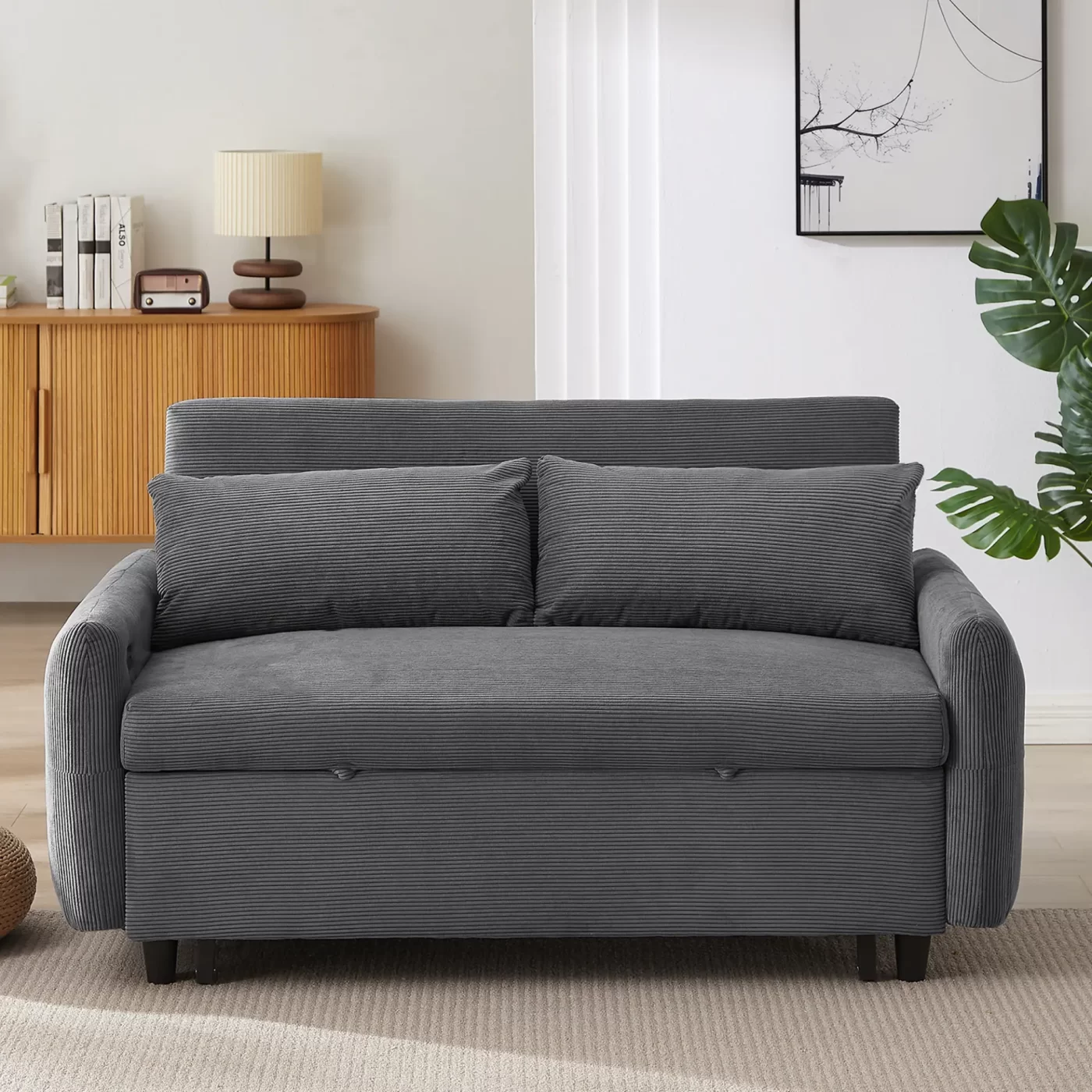 57.48' Pull-out Sofa Bed Convertible Couch 2 Seat Loveseat Sofa Modern Sleeper Sofa with Two Throw Pillows and USB Ports for Living Room, Dark Grey(Old Sku:WF317760AAR)