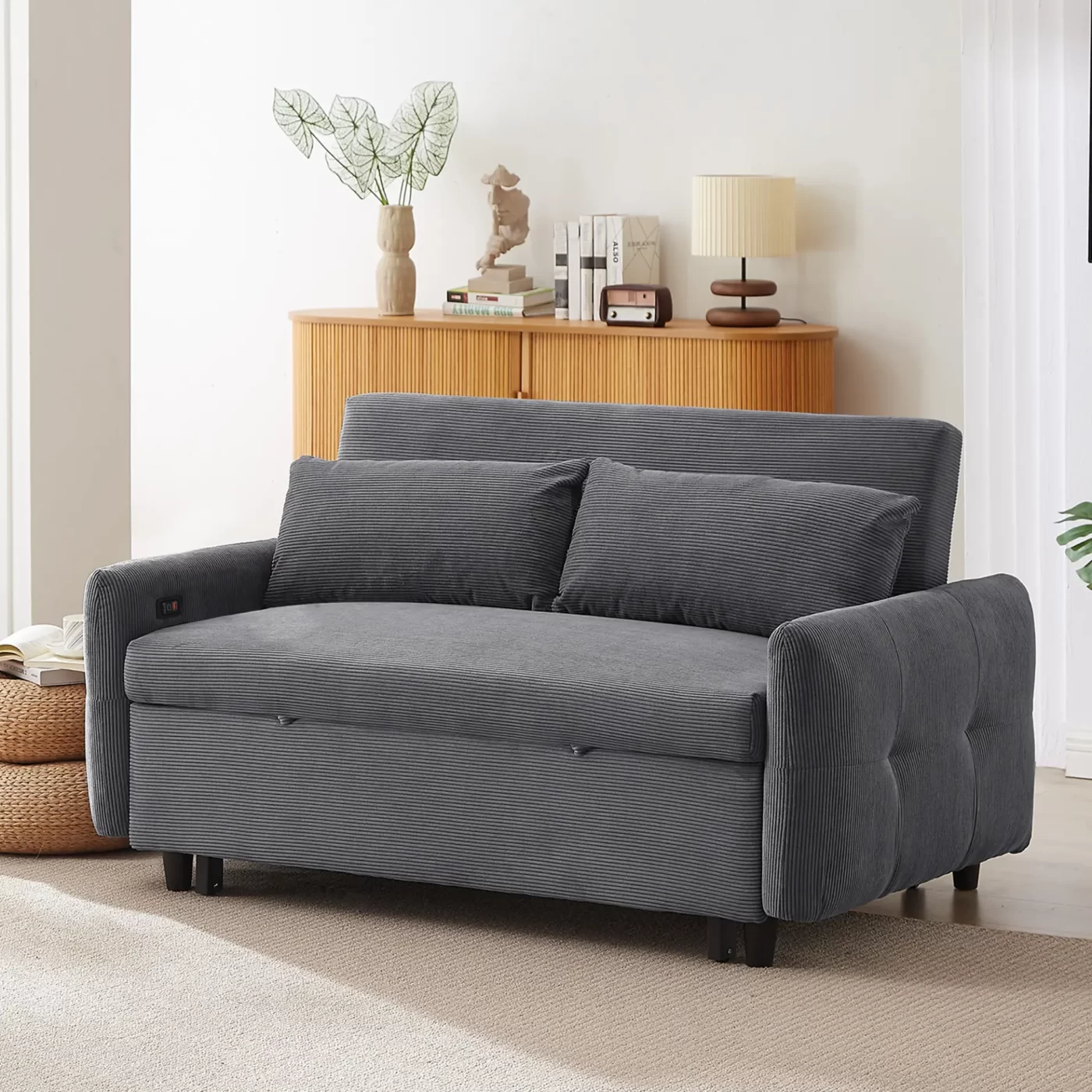 57.48' Pull-out Sofa Bed Convertible Couch 2 Seat Loveseat Sofa Modern Sleeper Sofa with Two Throw Pillows and USB Ports for Living Room, Dark Grey(Old Sku:WF317760AAR)