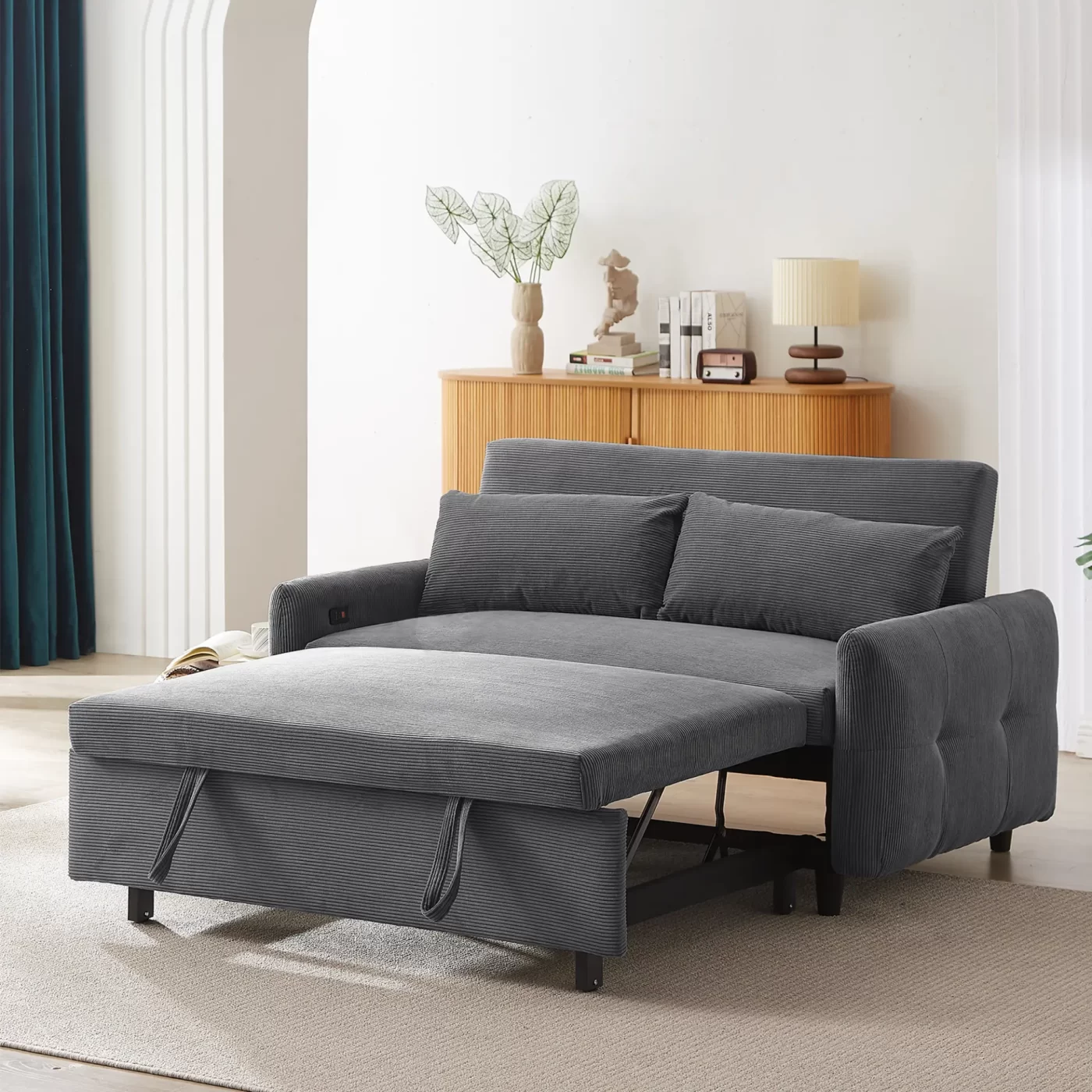 57.48' Pull-out Sofa Bed Convertible Couch 2 Seat Loveseat Sofa Modern Sleeper Sofa with Two Throw Pillows and USB Ports for Living Room, Dark Grey(Old Sku:WF317760AAR)