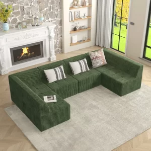 U shape Modular Sectional Sofa, Compressed Sectional Sofa Modern Minimalist Style Corduroy Couch, Sleeper Sofa for Living Room, Bedroom, Comfy Compressed Sofa Couch Space-Efficient Design-GREEN