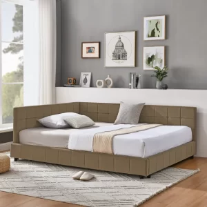 Full Size Upholstered Tufted Bed Frame, Sofa Bed Frame with Comfortable Backrest and Armrests, Full Size Bed for Bedroom, Living Room,Velvet, BROWN(80.5''*59''*30.5'')