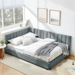 Full Size Upholstered Tufted Bed Frame, Sofa Bed Frame with Comfortable Backrest and Armrests, Full Size Bed for Bedroom, Living Room,Velvet-Gray(81''*60''*29.5'')