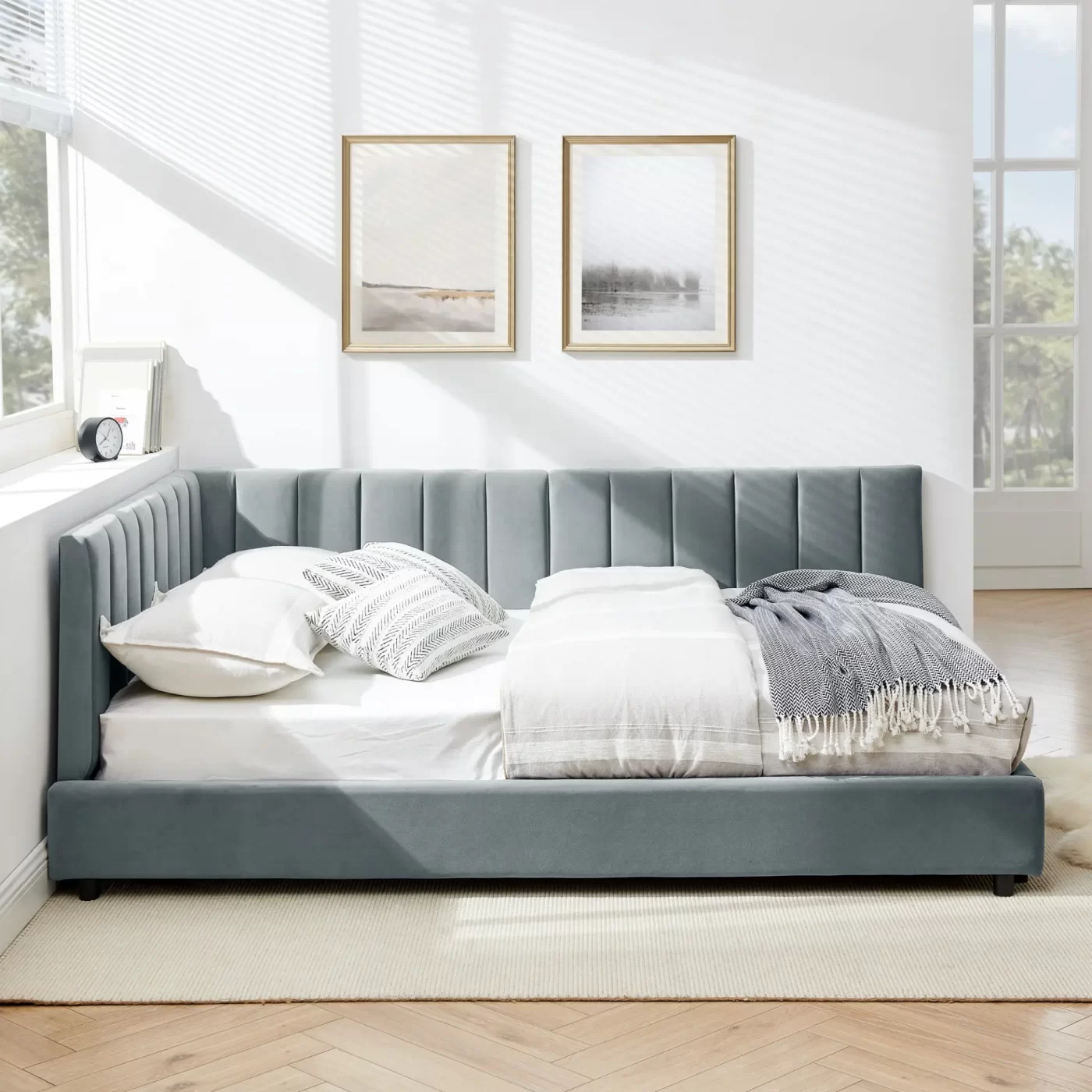 Full Size Upholstered Tufted Bed Frame, Sofa Bed Frame with Comfortable Backrest and Armrests, Full Size Bed for Bedroom, Living Room,Velvet-Gray(81''*60''*29.5'')