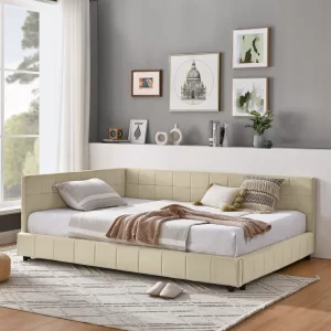 Full Size Upholstered Tufted Bed Frame, Sofa Bed Frame with Comfortable Backrest and Armrests, Full Size Bed for Bedroom, Living Room,Velvet, NEW BEIGE(80.5''*59''*30.5'')