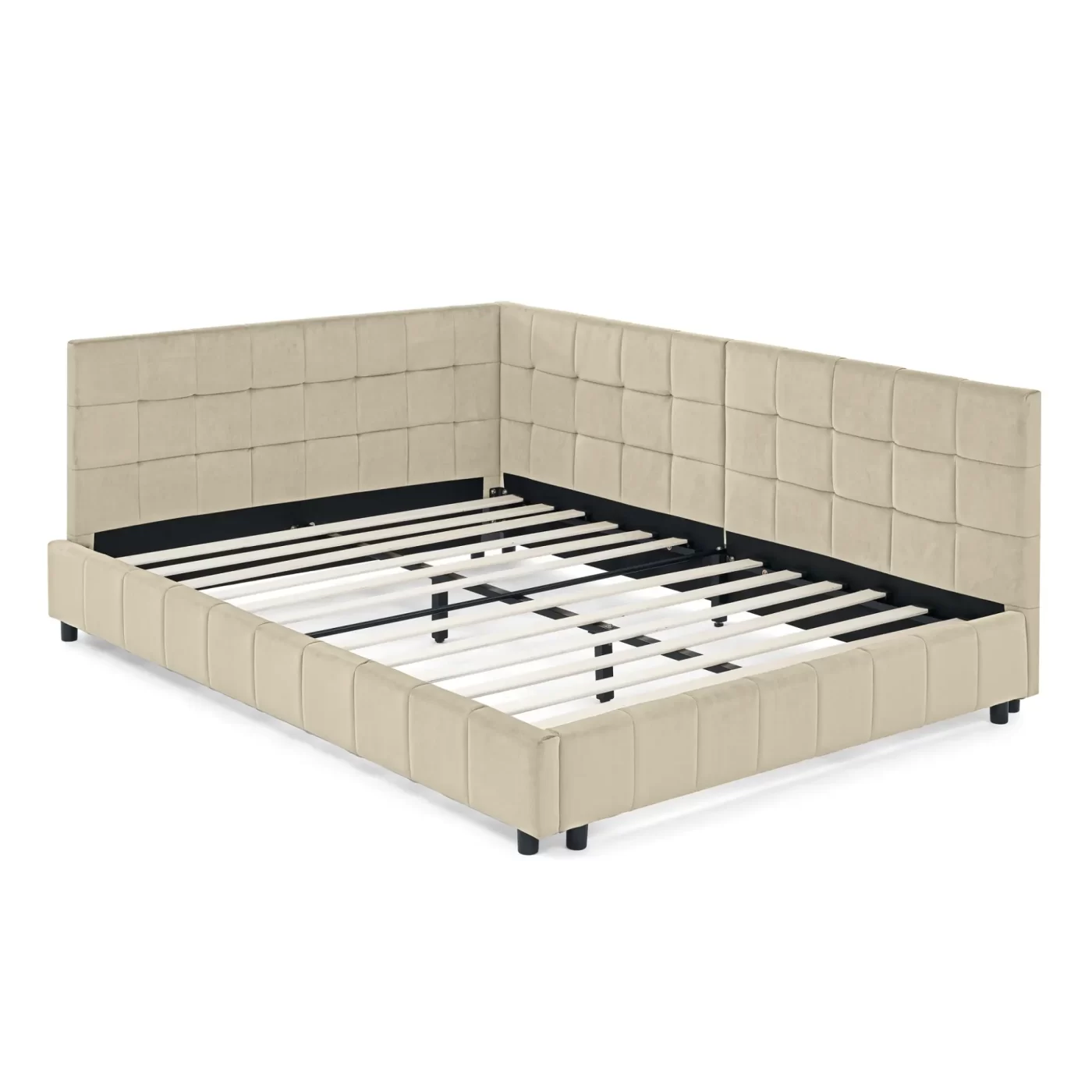 Full Size Upholstered Tufted Bed Frame, Sofa Bed Frame with Comfortable Backrest and Armrests, Full Size Bed for Bedroom, Living Room,Velvet, NEW BEIGE(80.5''*59''*30.5'')