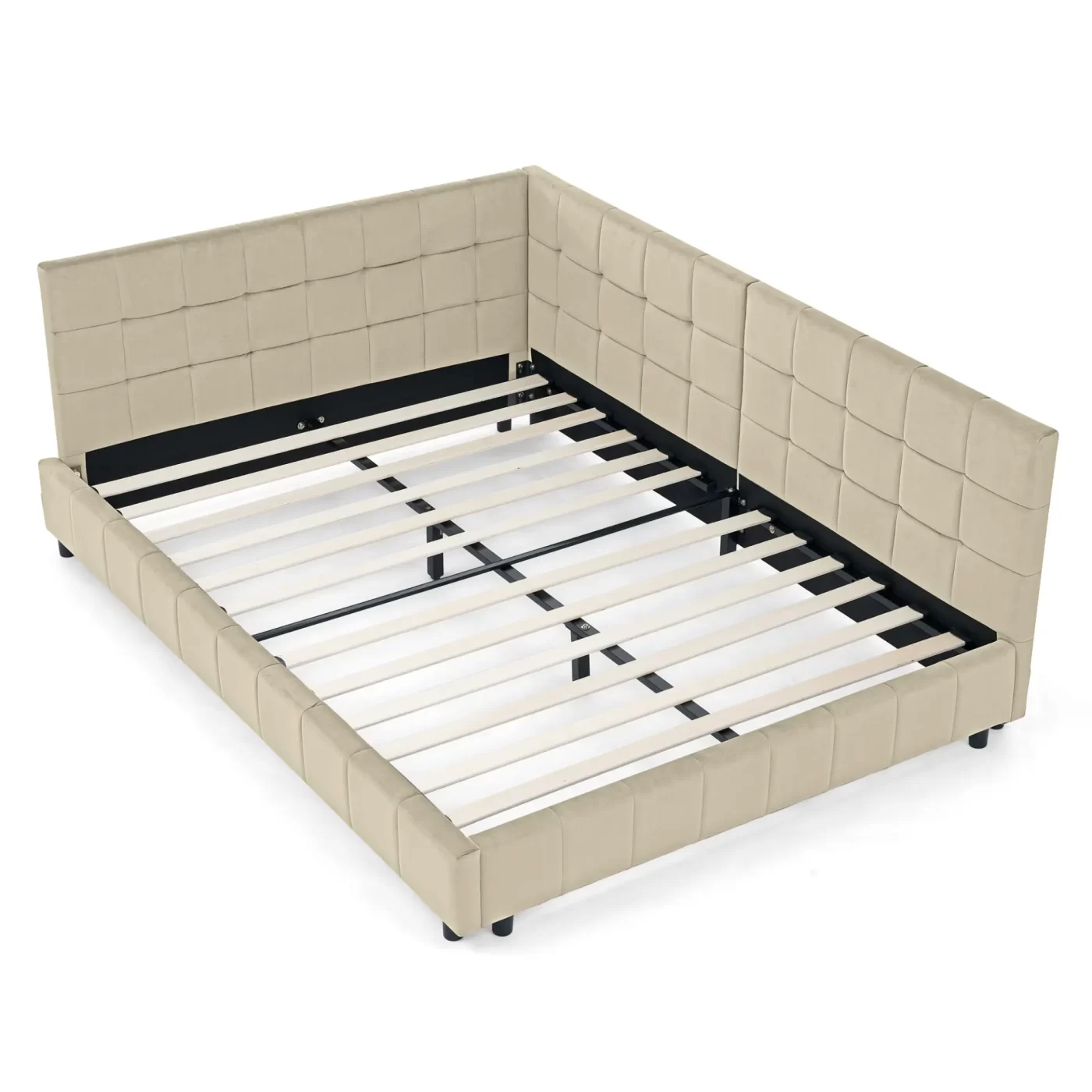 Full Size Upholstered Tufted Bed Frame, Sofa Bed Frame with Comfortable Backrest and Armrests, Full Size Bed for Bedroom, Living Room,Velvet, NEW BEIGE(80.5''*59''*30.5'')