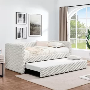 Twin Size Daybed, Upholstered sofa bed,The bottom pulls out to form a bed ,Plaid corduroy fabric- beige(86'*43.5'*34')