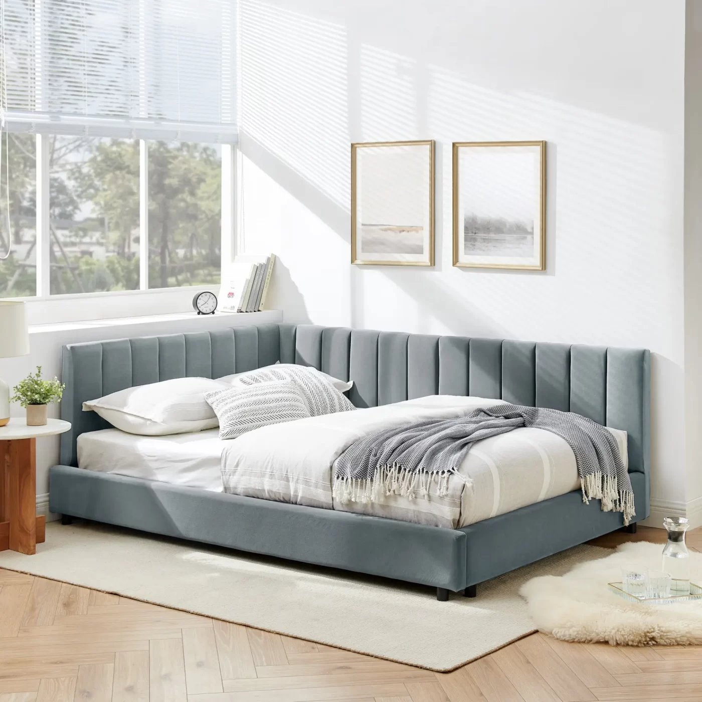 Full Size Upholstered Tufted Bed Frame, Sofa Bed Frame with Comfortable Backrest and Armrests, Full Size Bed for Bedroom, Living Room,Velvet-Gray(81''*60''*29.5'')