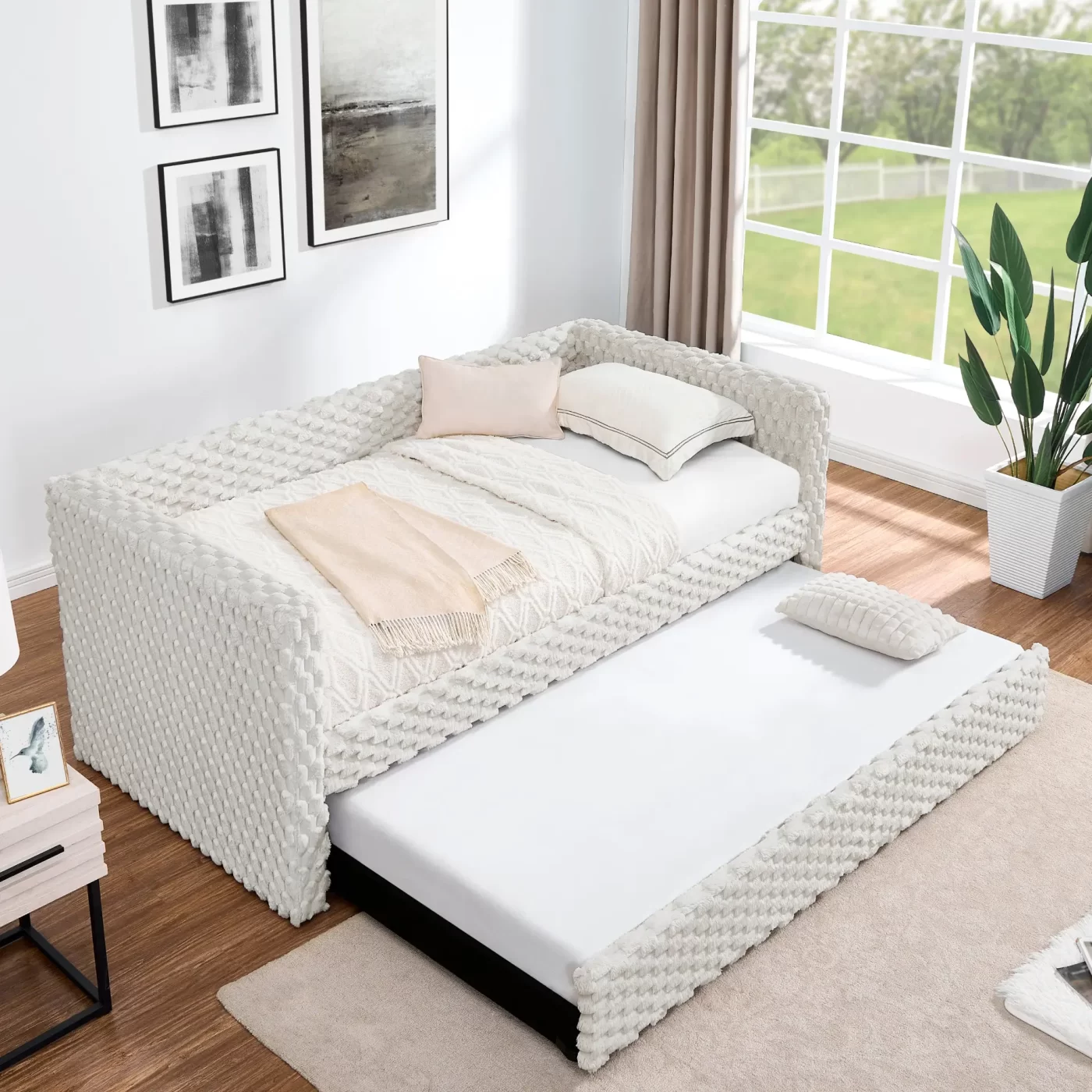 Twin Size Daybed, Upholstered sofa bed,The bottom pulls out to form a bed ,Plaid corduroy fabric- beige(86'*43.5'*34')