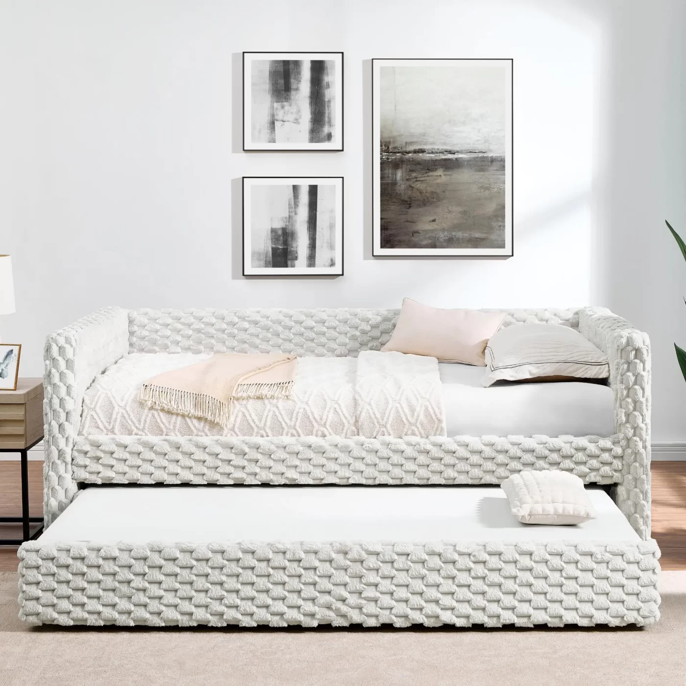 Twin Size Daybed, Upholstered sofa bed,The bottom pulls out to form a bed ,Plaid corduroy fabric- beige(86'*43.5'*34')