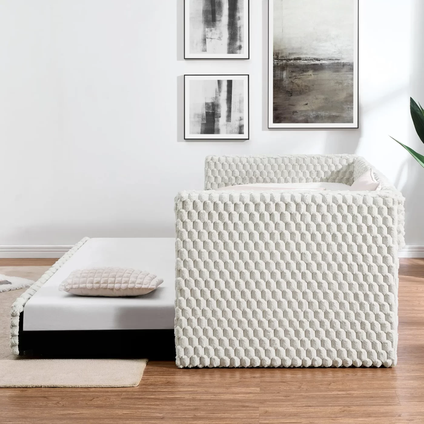 Twin Size Daybed, Upholstered sofa bed,The bottom pulls out to form a bed ,Plaid corduroy fabric- beige(86'*43.5'*34')