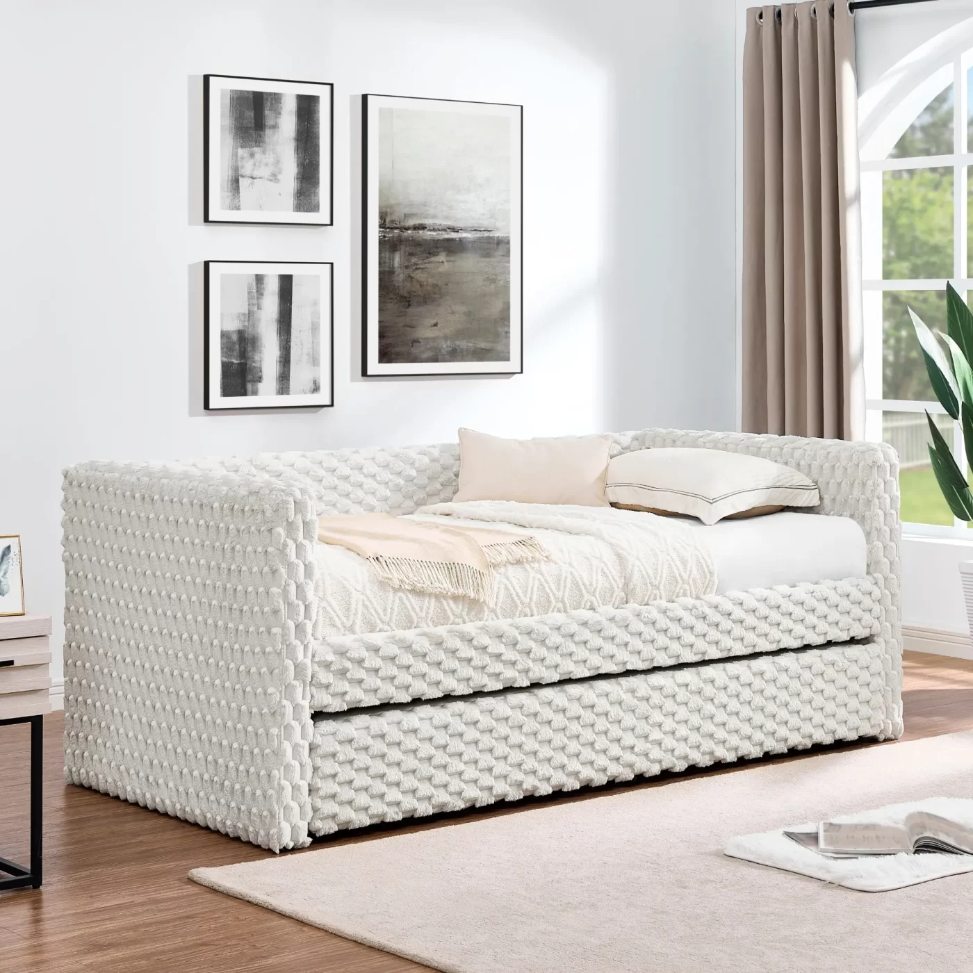 Twin Size Daybed, Upholstered sofa bed,The bottom pulls out to form a bed ,Plaid corduroy fabric- beige(86'*43.5'*34')
