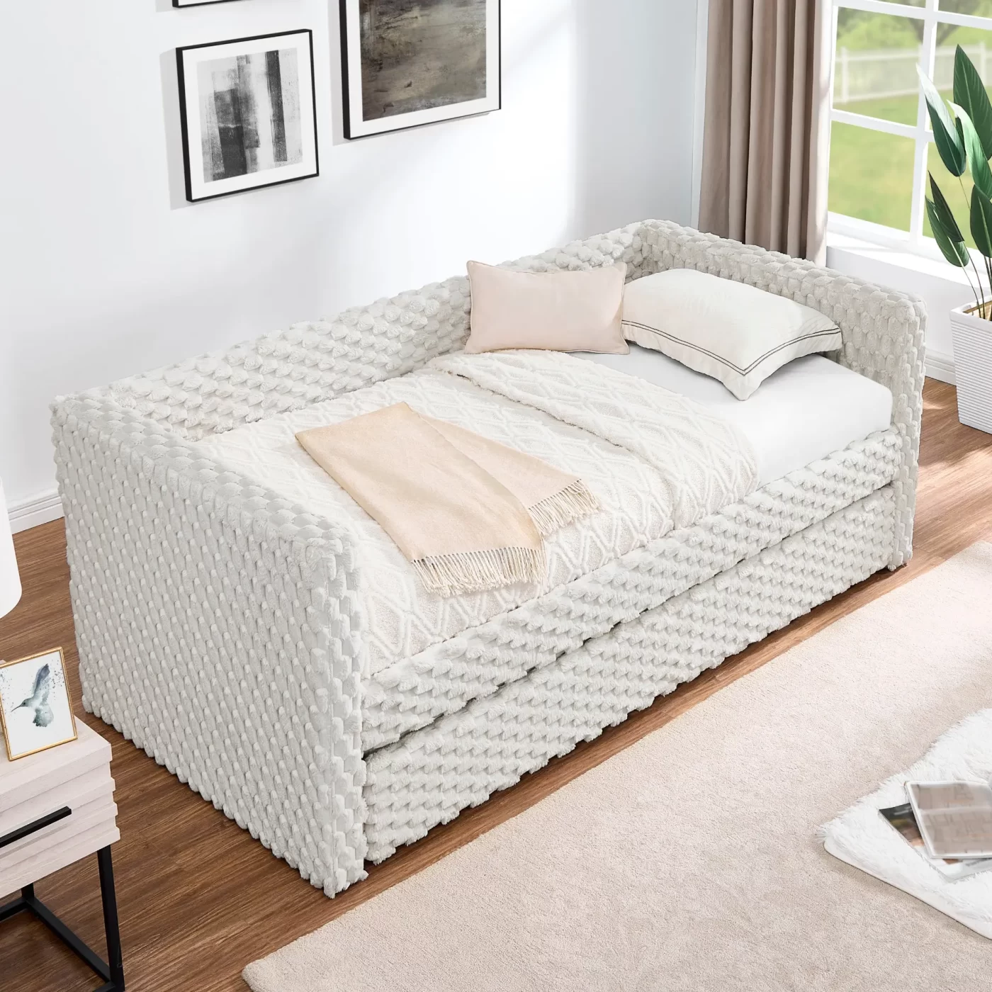 Twin Size Daybed, Upholstered sofa bed,The bottom pulls out to form a bed ,Plaid corduroy fabric- beige(86'*43.5'*34')