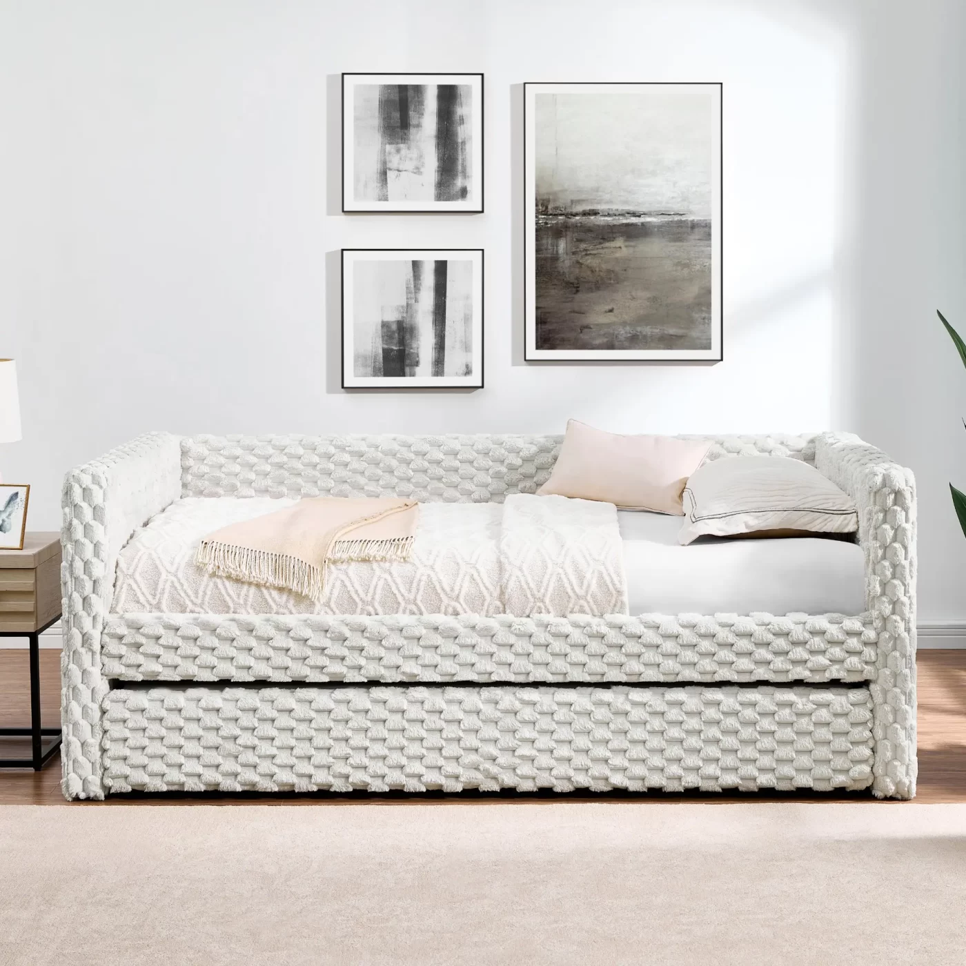 Twin Size Daybed, Upholstered sofa bed,The bottom pulls out to form a bed ,Plaid corduroy fabric- beige(86'*43.5'*34')